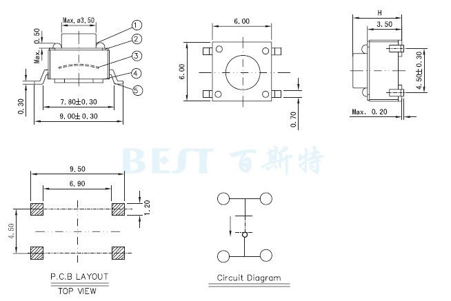 輕觸開關(guān)TS-1109W規(guī)格圖紙