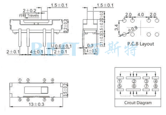 撥動(dòng)開關(guān)MSS-23D38參考圖紙